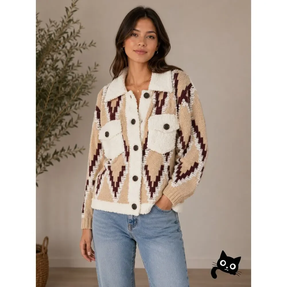 a. peach Tan Ivory Burgundy Southwest Print Button Collared Sweater Jacket S - Picture 3 of 13